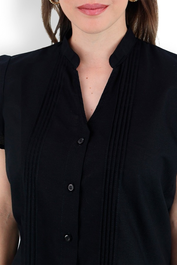 Guayabera Color Negro Cuello Mao Textura Lino Con Alforzas De Mujer